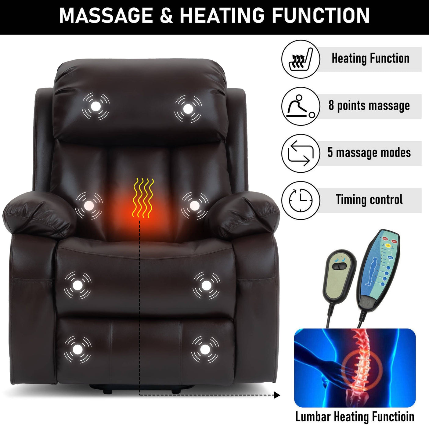 Massage and heating features of brown electric recliner armchair with 5 massage modes and lumbar heat for back pain relief.