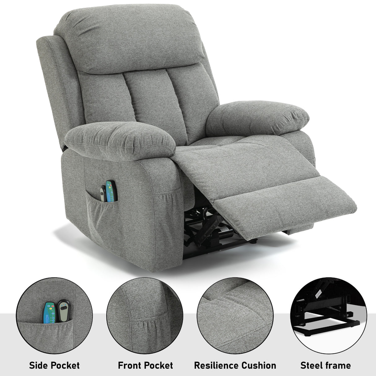 Recliner massage heat chair with side pockets, resilience cushion, and steel frame.