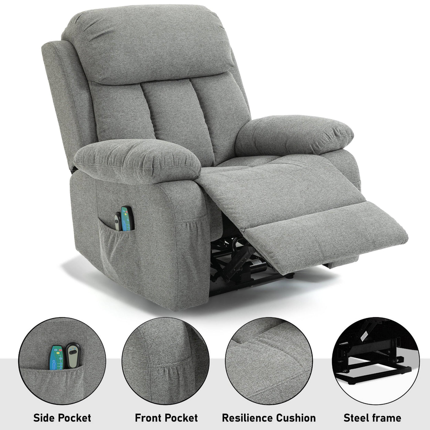 Grey fabric recliner chair with side and front pockets, resilience cushion, and steel frame. Designed for comfort and storage convenience.
