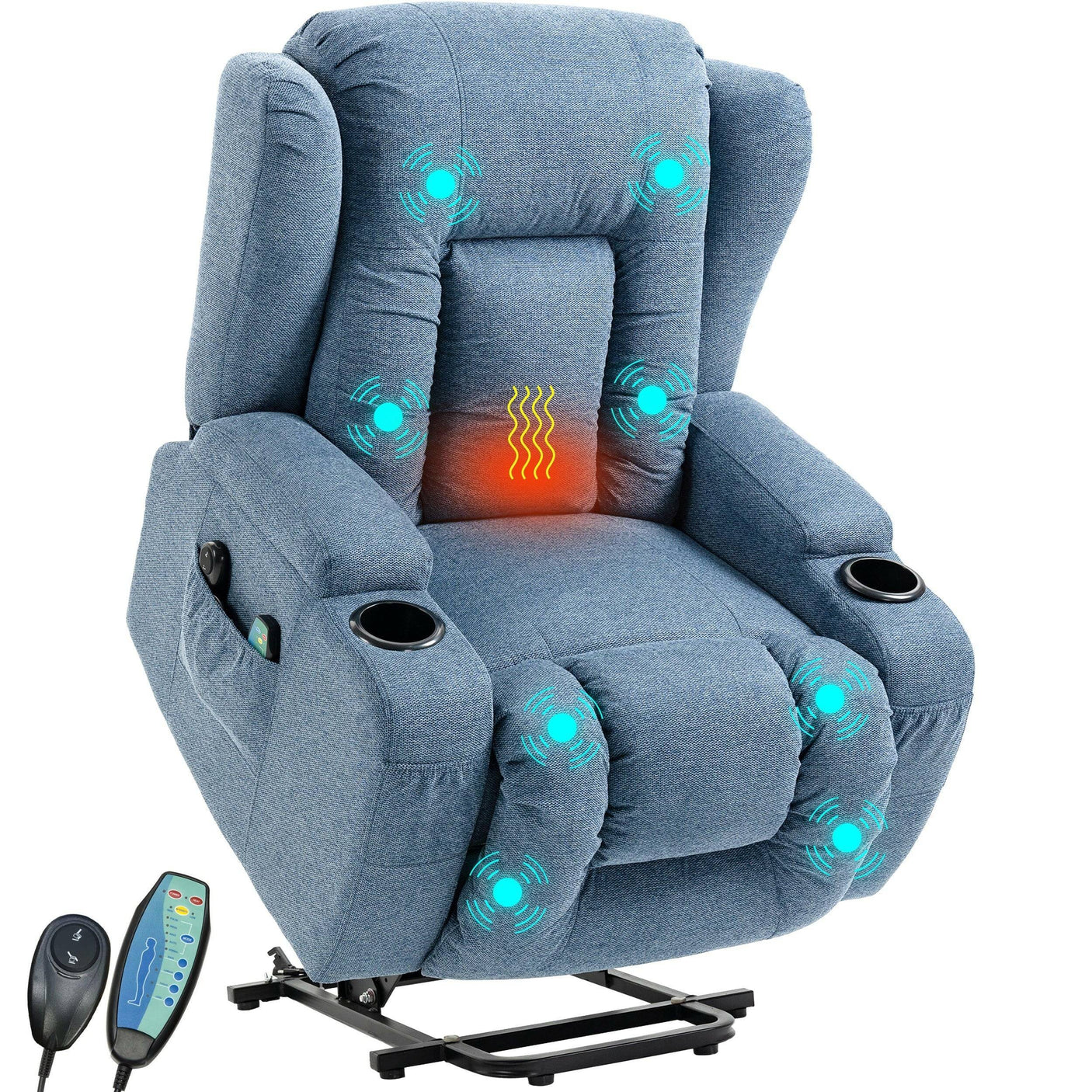 Blue armchair with massage and heat zones, dual motor lift function, and side pockets. Perfect electric recliner for elderly relaxation and support.