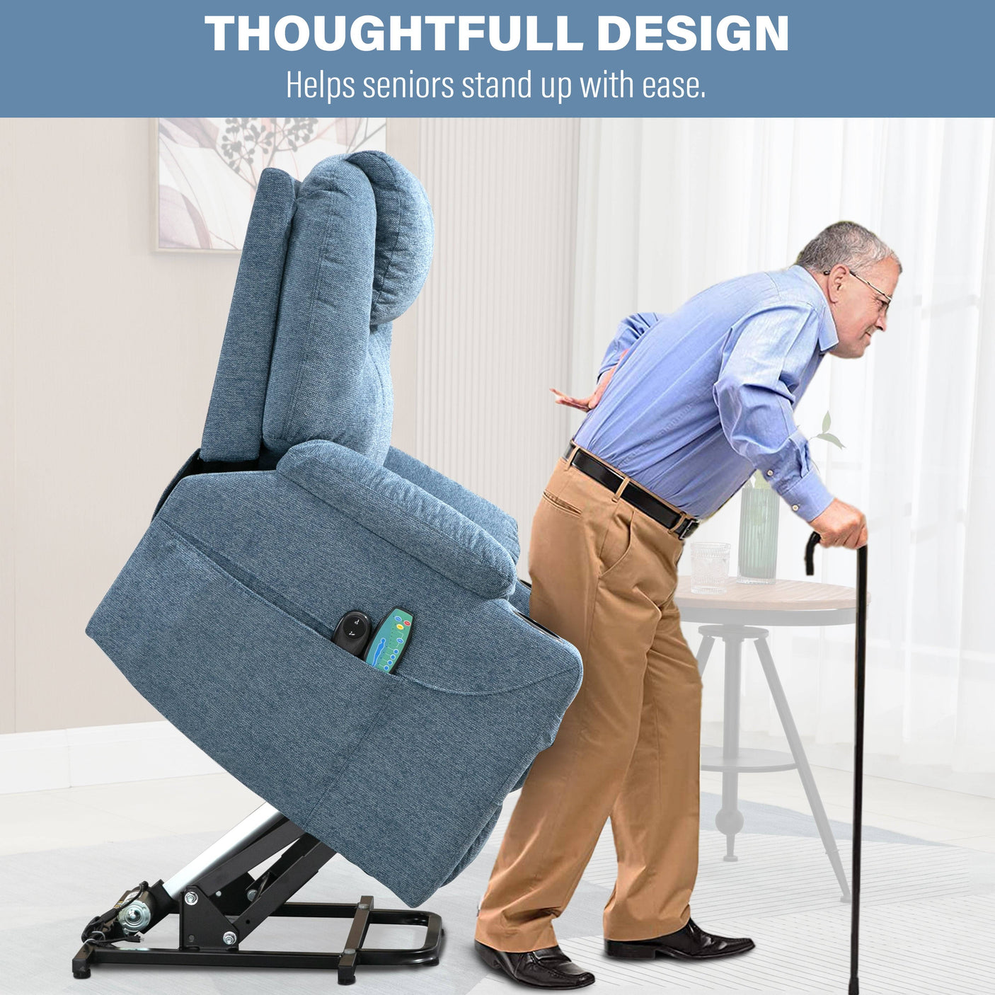 Blue electric recliner chair assisting elderly man to stand, featuring lift mechanism for mobility support.