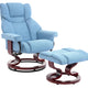 Stylish blue fabric recliner swivel chairs UK home ,a matching footrest and a curved wooden base.