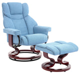 Stylish blue fabric recliner swivel chairs UK home ,a matching footrest and a curved wooden base.