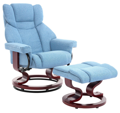 Stylish blue fabric recliner swivel chairs UK home ,a matching footrest and a curved wooden base.