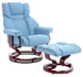 Stylish blue fabric recliner swivel chairs UK home ,a matching footrest and a curved wooden base.