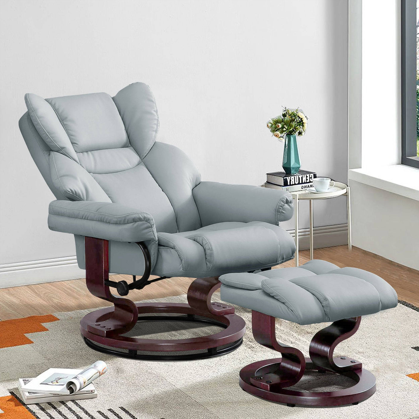 Light grey Recliner Swivel Armchair With Footstool | Lounge Chair in a cozy room setting, combining comfort and style with ergonomic features.
