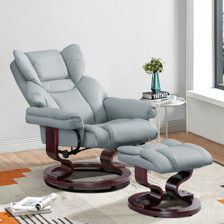 Light grey recliner swivel chairs with a wooden base, matching footrest, and contemporary.