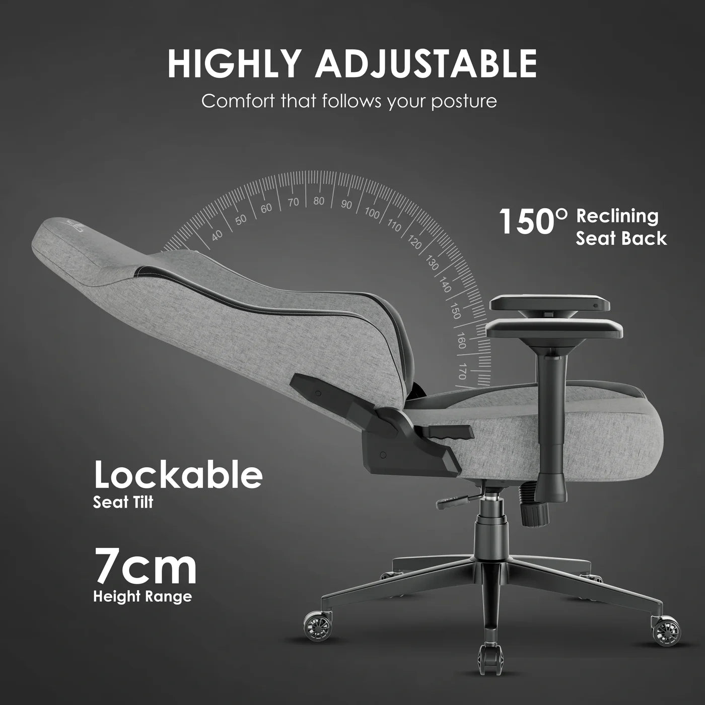 [Grey] Xstriker gaming chair with 150° reclining backrest, lockable tilt, and 7cm adjustable height for ergonomic seating.