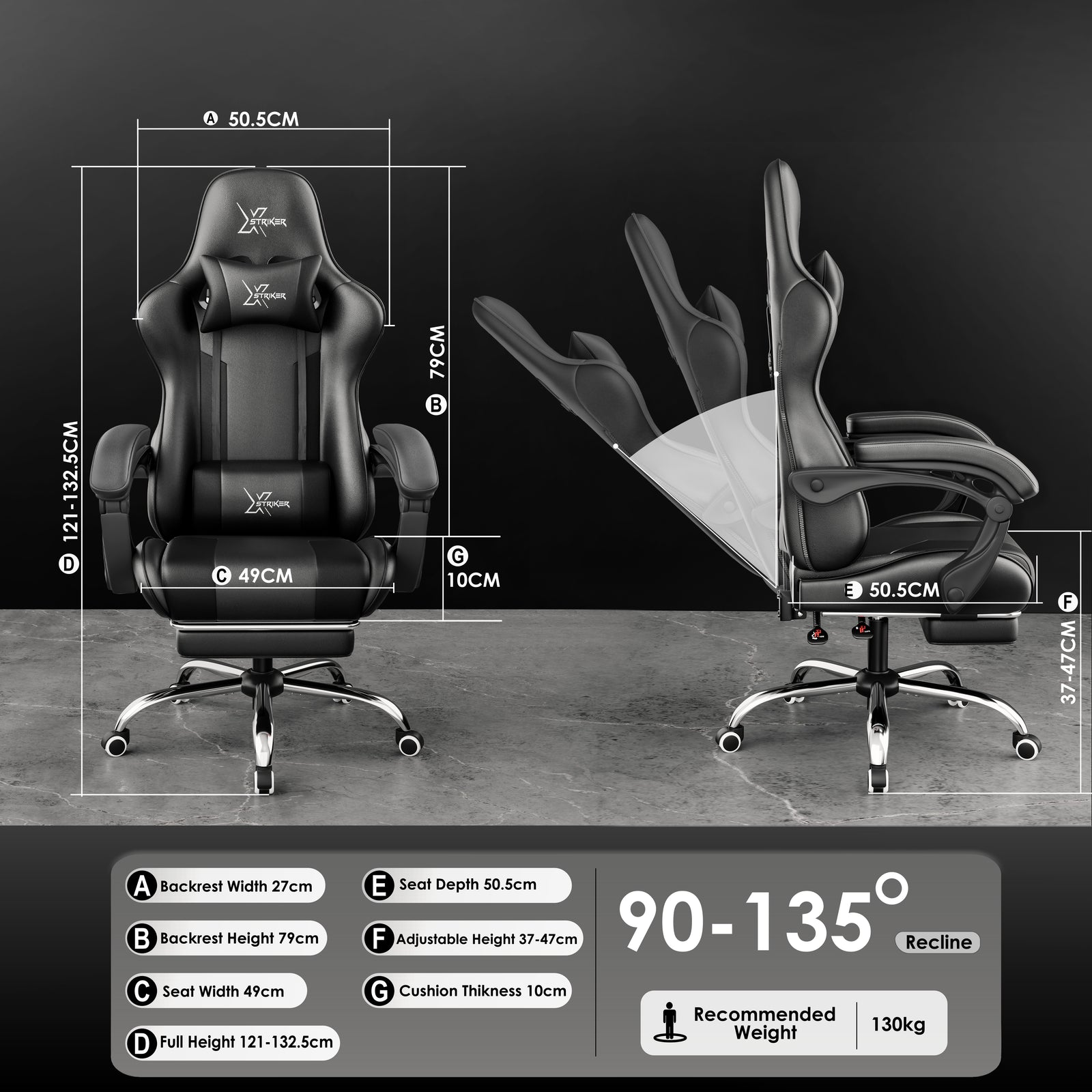 [Black] Xstriker high back gaming chair in black PU leather featuring ergonomic design, adjustable recline from 90° to 135°, and full dimension specs shown.