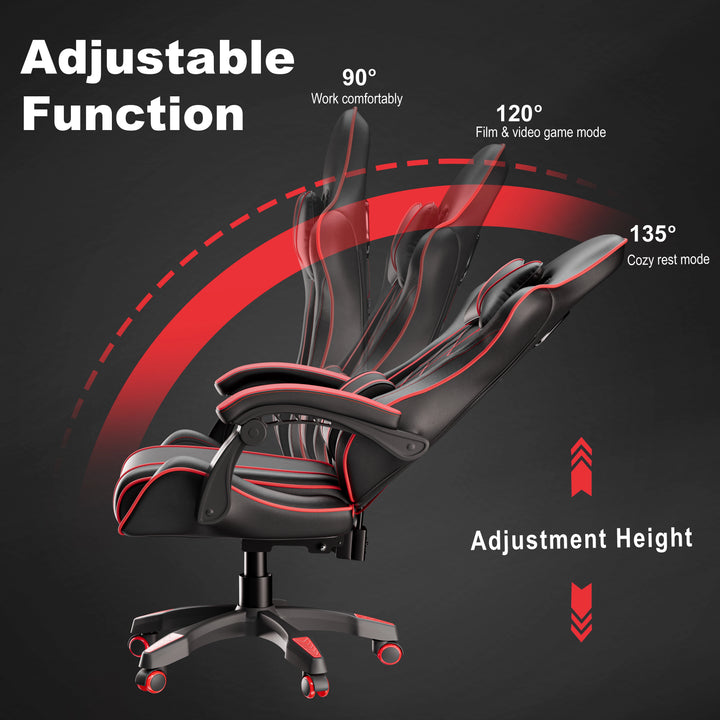 [Black + Red] Recliner gaming chair With Lumbar Support and Padded Armrest | DHS reclines from 90° to 135° with adjustable height for work, gaming, and rest modes.