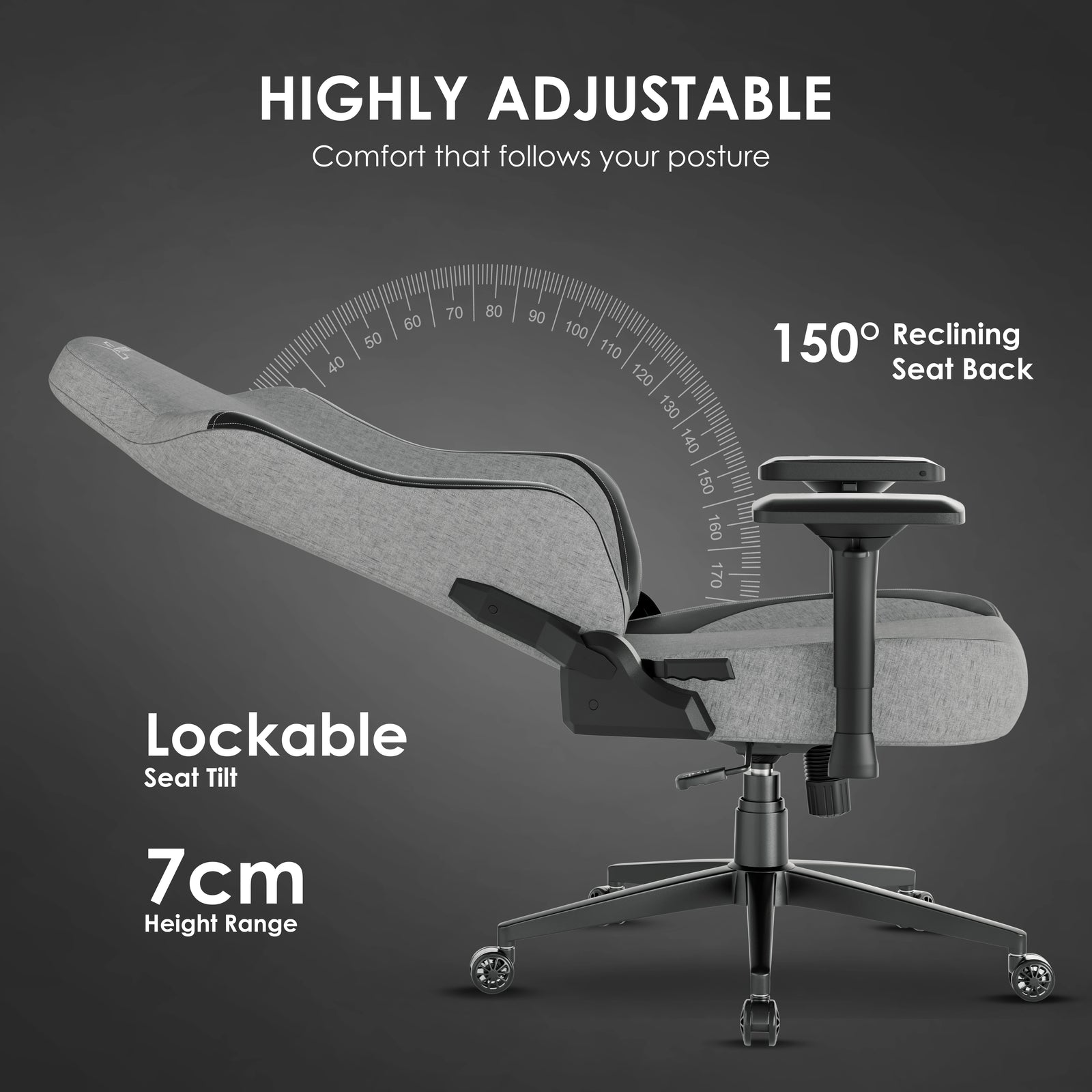 [Grey] Xstriker gaming chair with 150° reclining backrest, lockable tilt, and 7cm adjustable height for ergonomic seating.