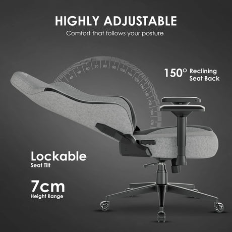 Xstriker Ergonomic Fabric Gaming Chair reclined at 150° with 4D armrests, lockable seat tilt, and 7cm height adjustment. Ideal for adult gamers.