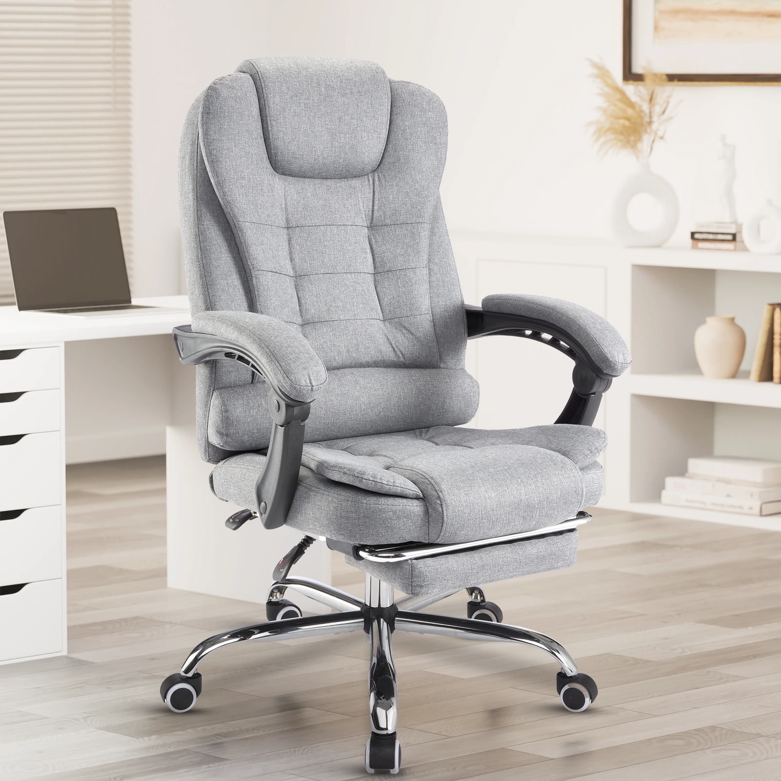 [Grey Linen] grey linen pc chair offers a structured design ideal for long work sessions and ergonomic support.