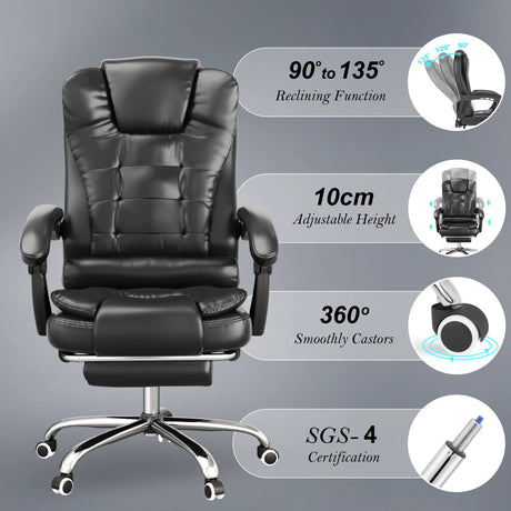 Black office chair with reclining function and adjustable height features on a gray background