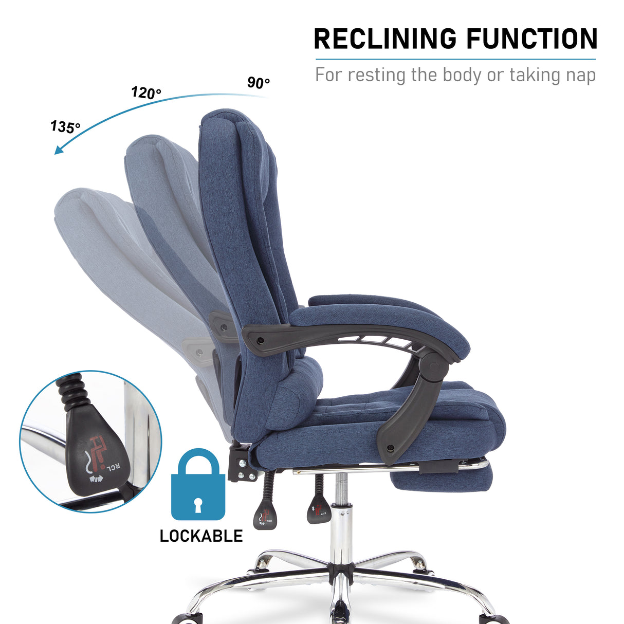 Reclining office massage chair with lockable feature, perfect for resting or napping.