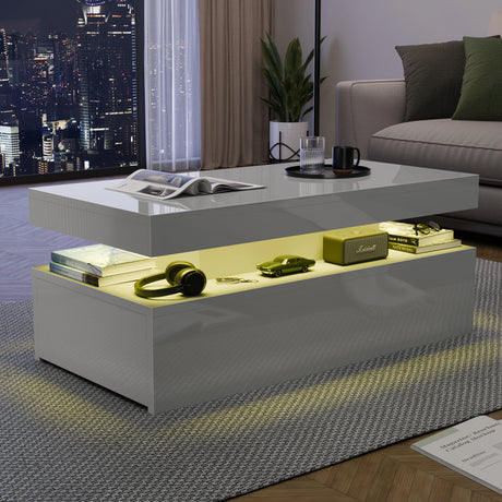 Modern coffee table with decorative items in a living room setting