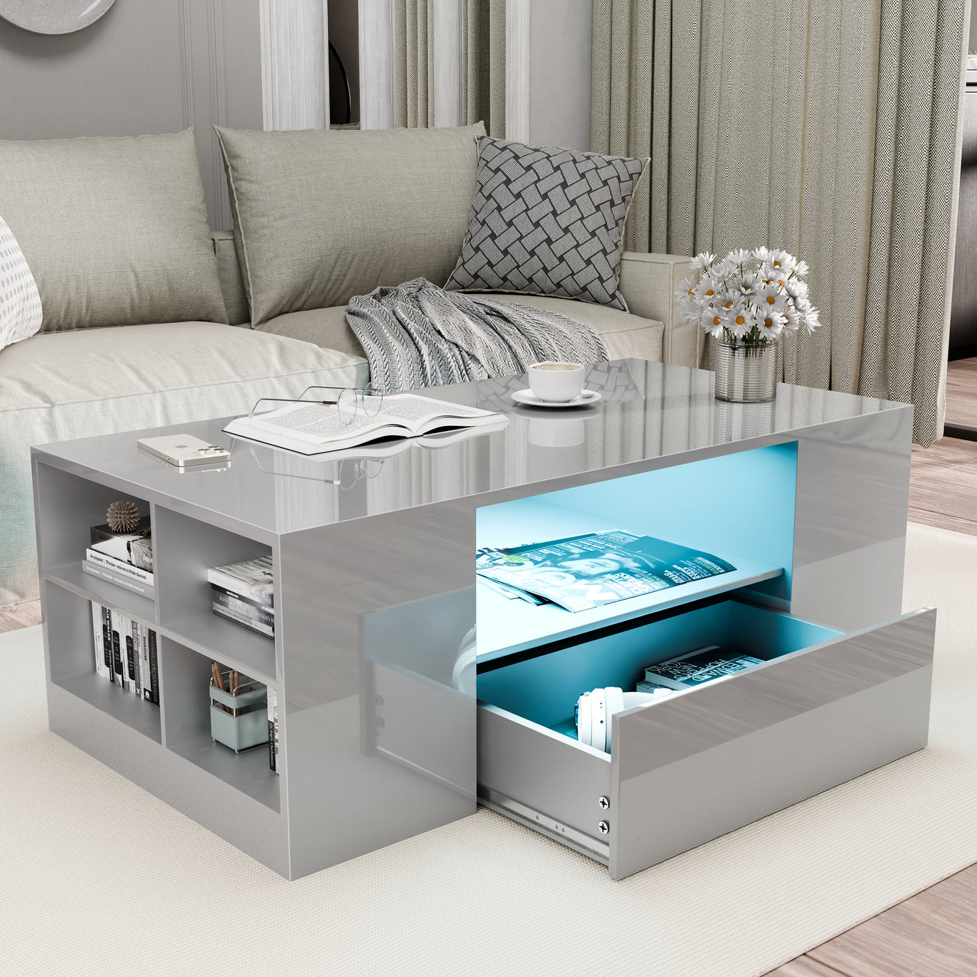 High Gloss Coffee Table With Storage & LED Lights