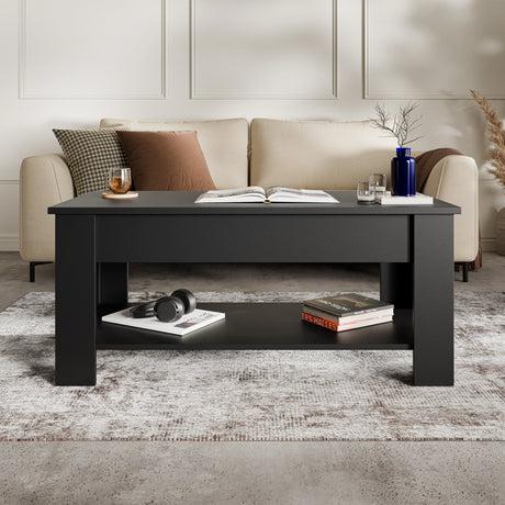Modern black lift top coffee table with storage shelf, 100cm wide, placed in a stylish living room with beige sofa and neutral decor.