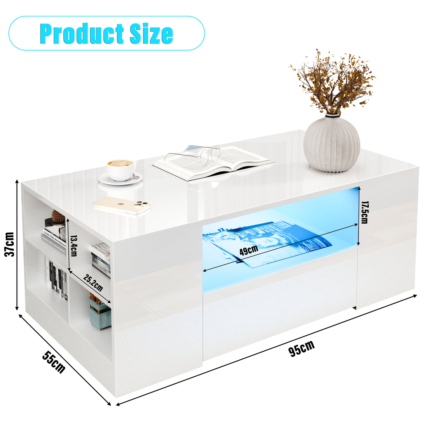 High Gloss Coffee Table With Storage & LED Lights
