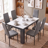 [6 Seater | Grey] 6 seater dining table and chairs set with white marble top and six grey PU chairs