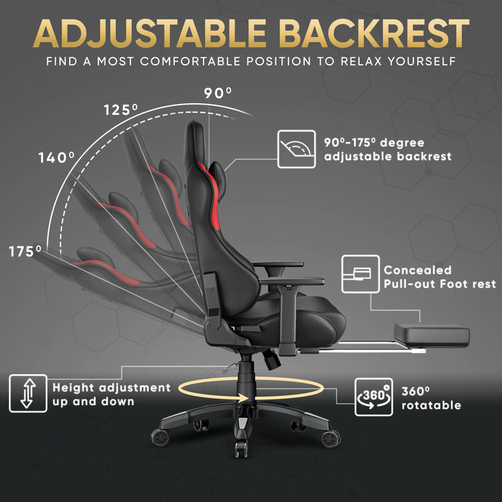 [Black + Red] Comfy Gaming Chair with Footrest, Wide Seat & 3D Armrest Xstriker featuring 90°-175° adjustable backrest and concealed pull-out footrest. Ideal for long gaming or office sessions with height adjustment and 360° rotation.
