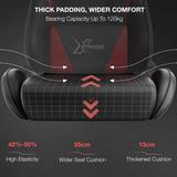Most Comfortable Office Gaming Chair with Footrest Xstriker featuring thick padding, 55cm wide seat, and 13cm cushion for enhanced comfort and support.