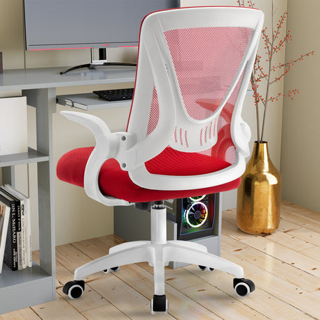 Red office desk chair with breathable mesh backrest, providing ergonomic support during long work sessions.