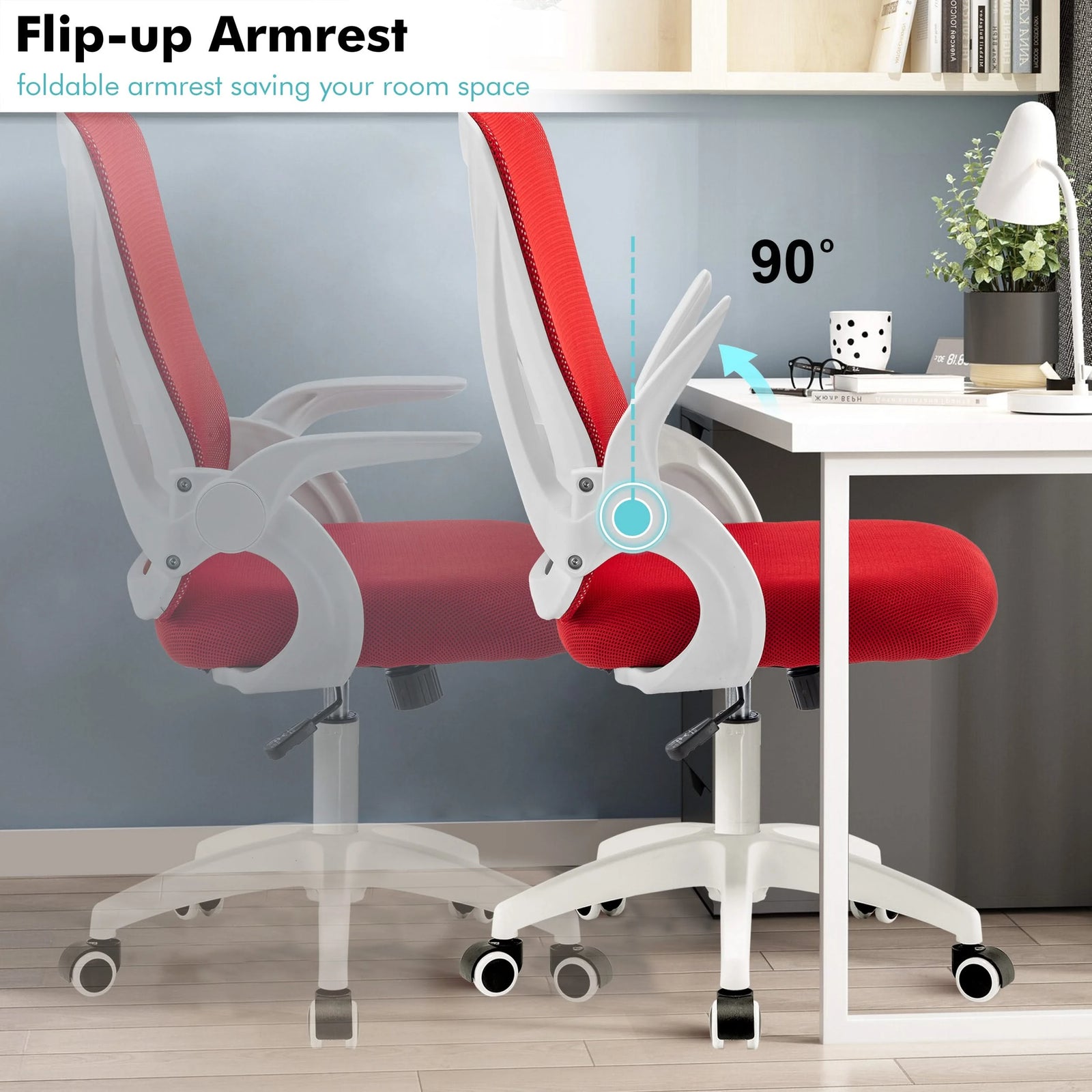 [Red] Red PC chair with flip-up armrests for space-saving in home office setups, ensuring comfort throughout the day.