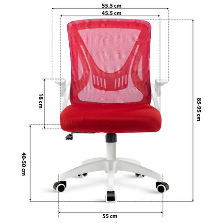 red office desk chair dimension: 45.5cm seat width, 55cm wheelbase, adjustable 85–95cm height and mesh backrest.