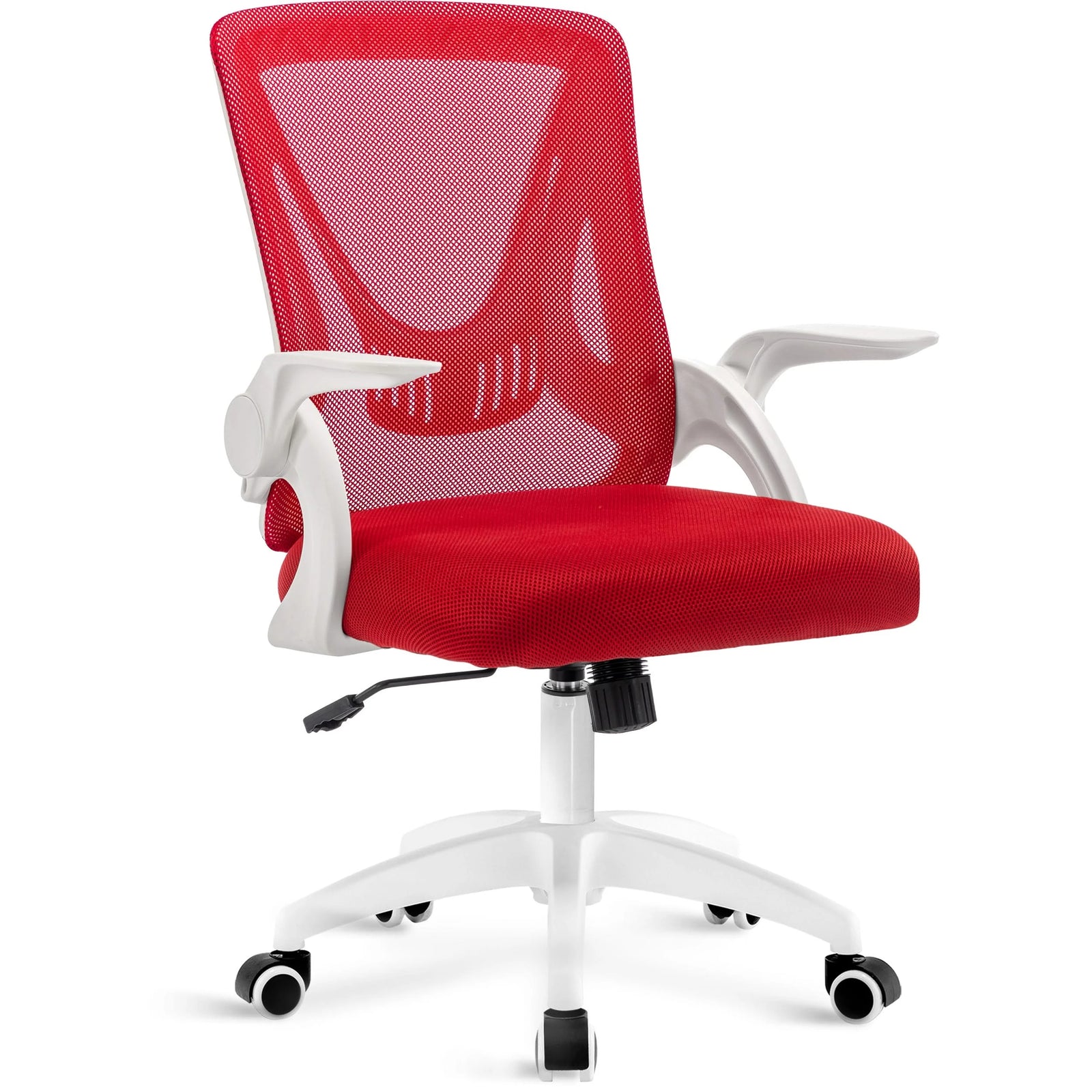 [Red] Red home office chair with mesh backrest, padded seat, and adjustable height for an ergonomic seating solution.