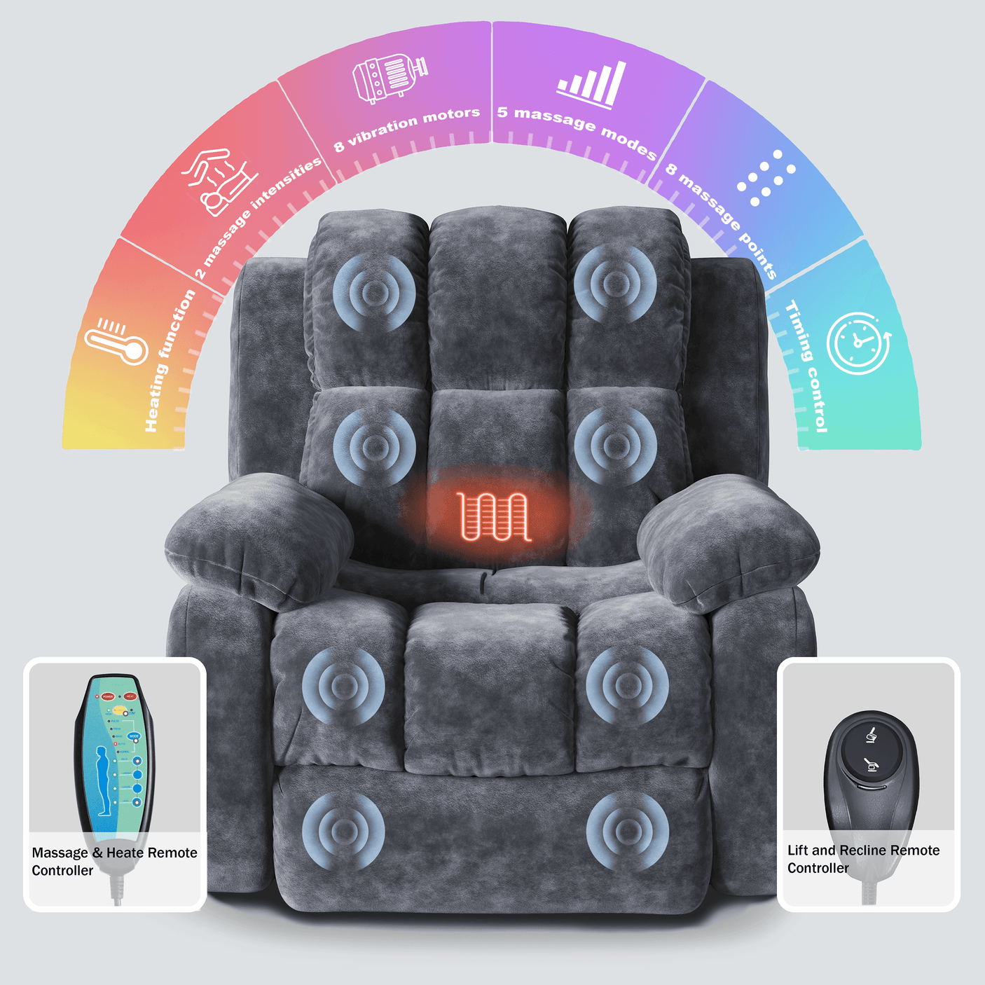 Electric massaging chair with heat and vibration zones, dual remote controls, and multiple massage modes for full-body relaxation and lift assistance.