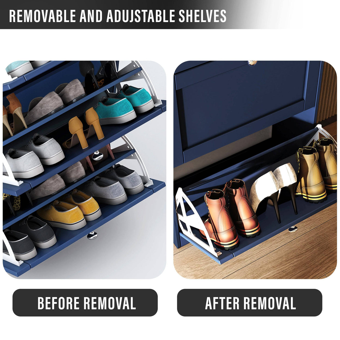 Before and after shelf adjustment in navy Blisswood Shoe Cabinet With Doors for flexible shoe storage.