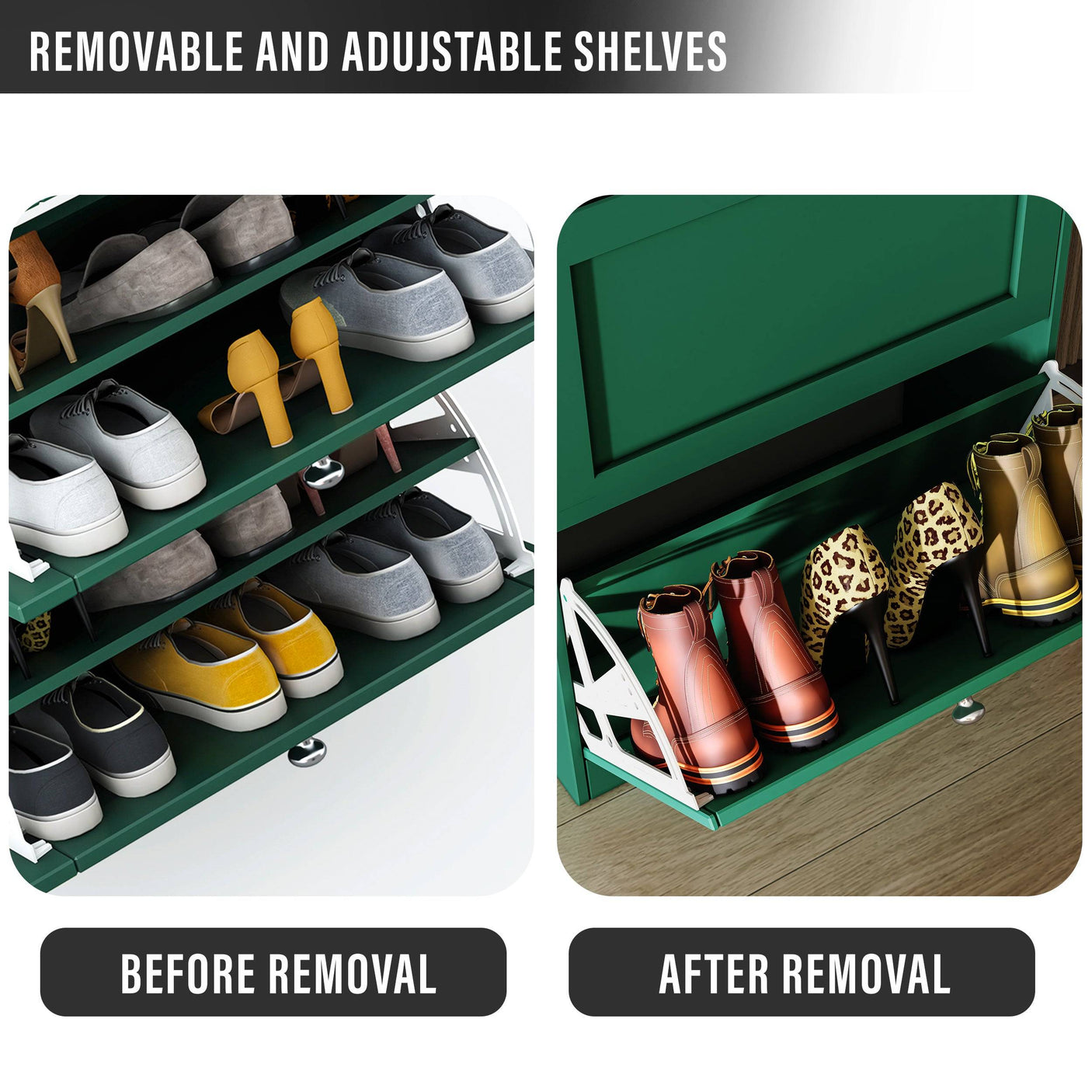 Before and after shelf adjustment in green Blisswood Shoe Cabinet With Doors for flexible shoe organization.