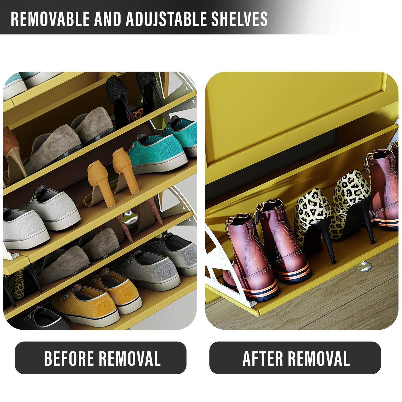 Before and after view of Blisswood Shoe Cabinet With Doors showing adjustable shelves for different shoe sizes.