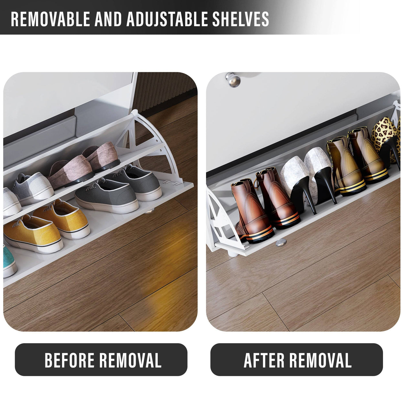 Before and after view of Blisswood Shoe Cabinet Hallway shelves showing adjustable and removable features for different shoe sizes.