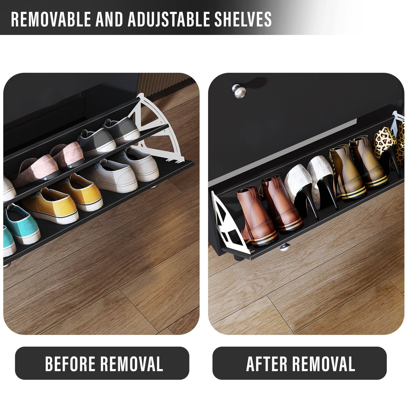 Before and after view of adjustable shelves in black Blisswood Shoe Cabinet Hallway. Customizable storage for different shoe sizes.
