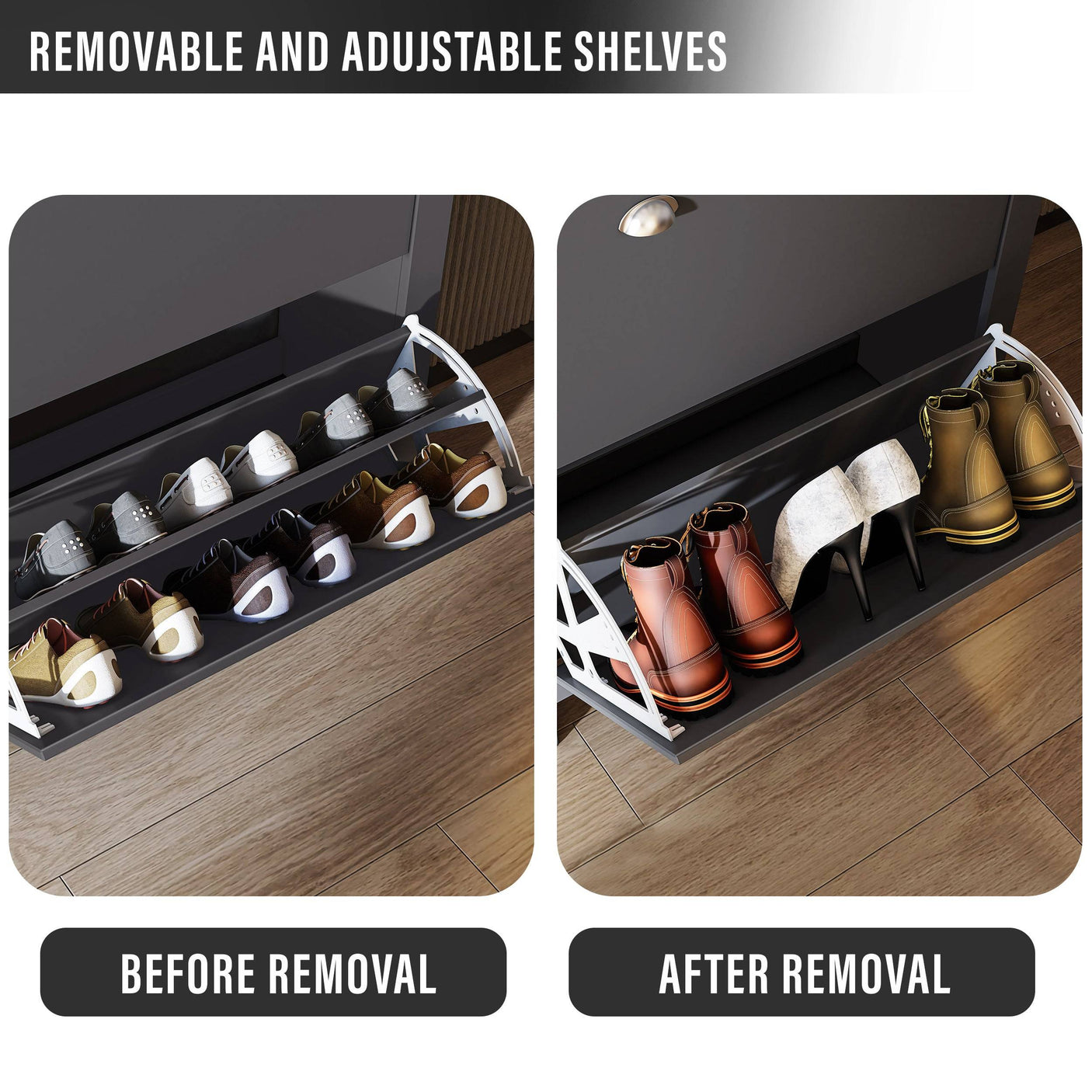 Before and after view of adjustable shelves in black Blisswood Shoe Cabinet, showing flexibility for boots and heels.