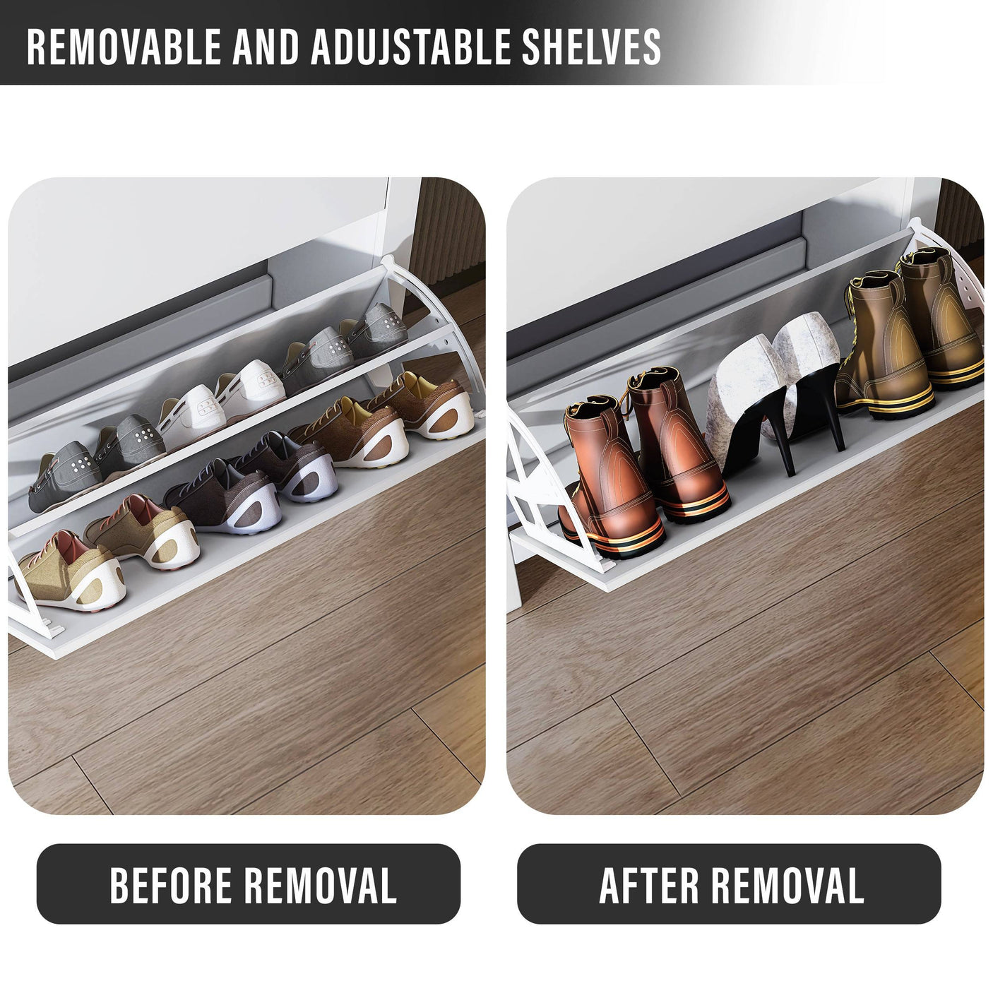 Before and after view of adjustable shelves in Blisswood Shoe Cabinet, showing flexibility for storing boots and heels.