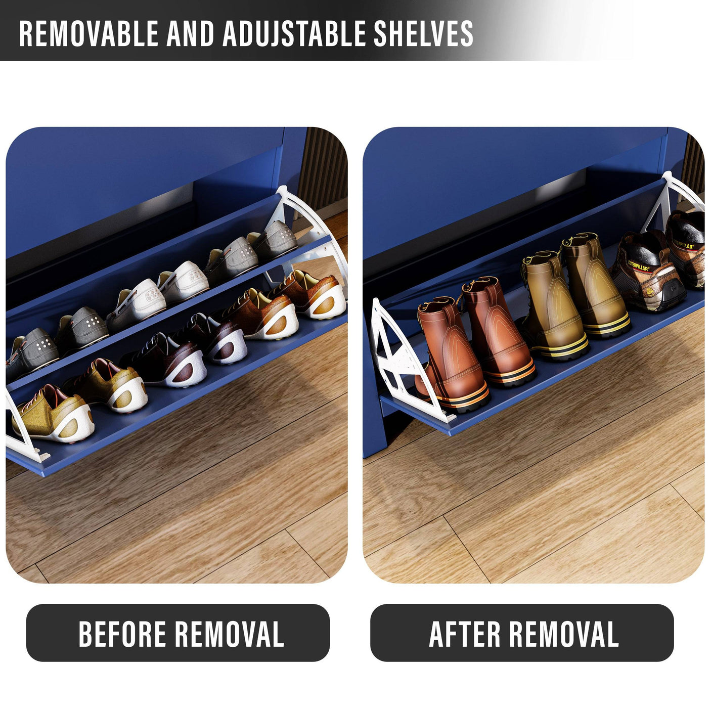 Before and after view of adjustable shelves in navy Blisswood Shoe Cabinet, showing flexibility for boots and heels.