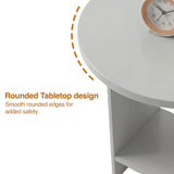 [Grey] Small Round Side Table with Shelf Living Room detail infographic highlighting the smooth rounded tabletop edge profile with safety callout graphic