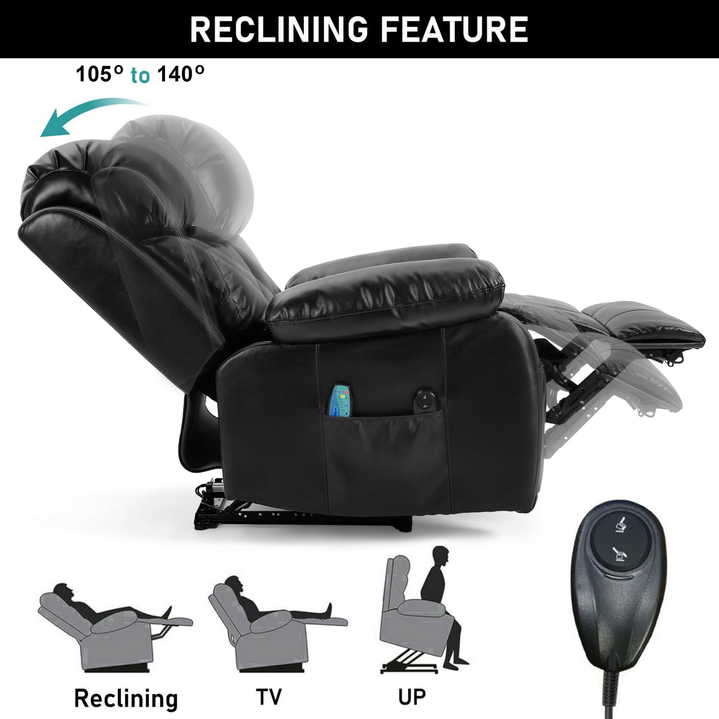 Black electric recliner armchair showing 105° to 140° reclining angles with lift assist, perfect for TV watching and relaxation.
