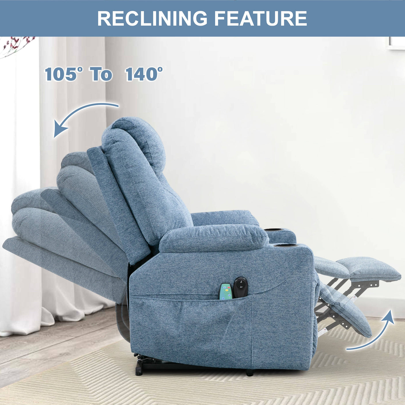 Side view of blue recliner chair showing reclining angles from 105° to 140°, with footrest and side pocket.