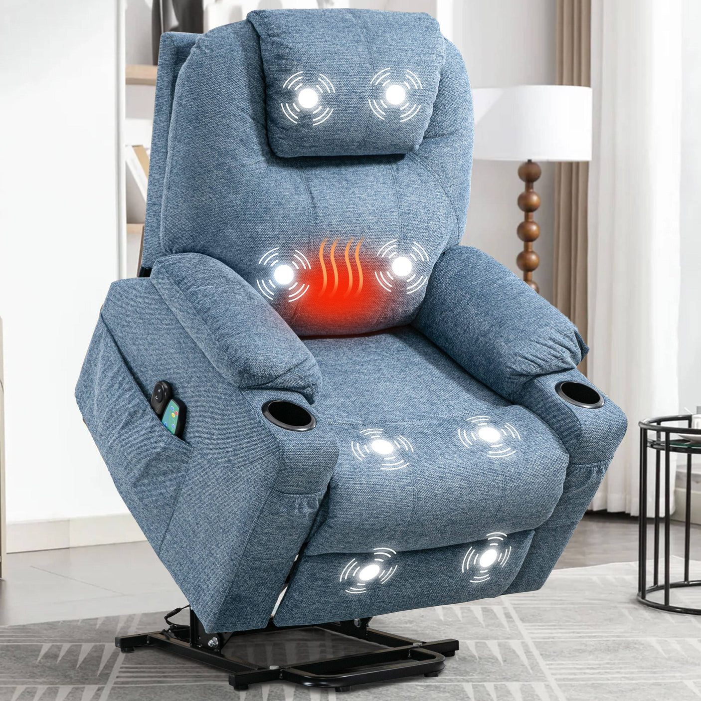 Blue riser recliner chair with cup holder, heat and massage features, designed for elderly comfort and support.