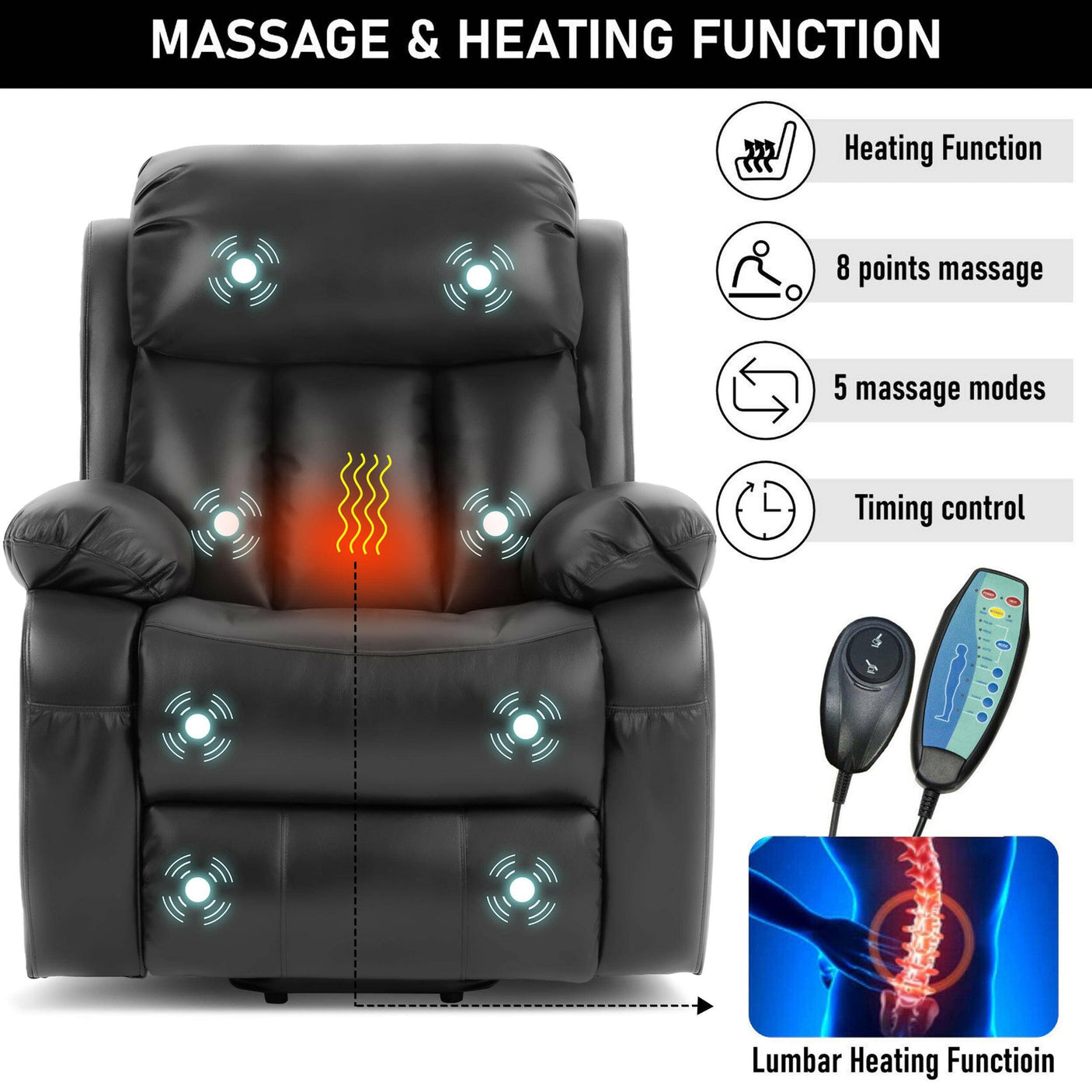 Black electric recliner chair with lumbar heating, 5 massage modes, and remote control, ideal for pain relief and relaxation at home.