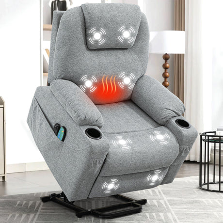 Grey riser recliner chair with heat and massage functions, cup holders, and remote control.