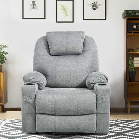 Grey riser recliner chairs with soft fabric upholstery and cup holders in a modern living room.