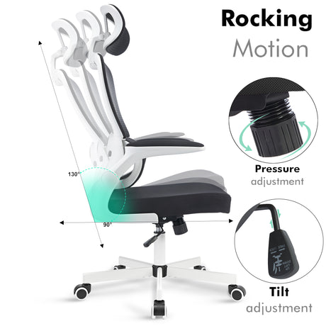 Black and white ergonomic office chair with rocking function and lumbar support