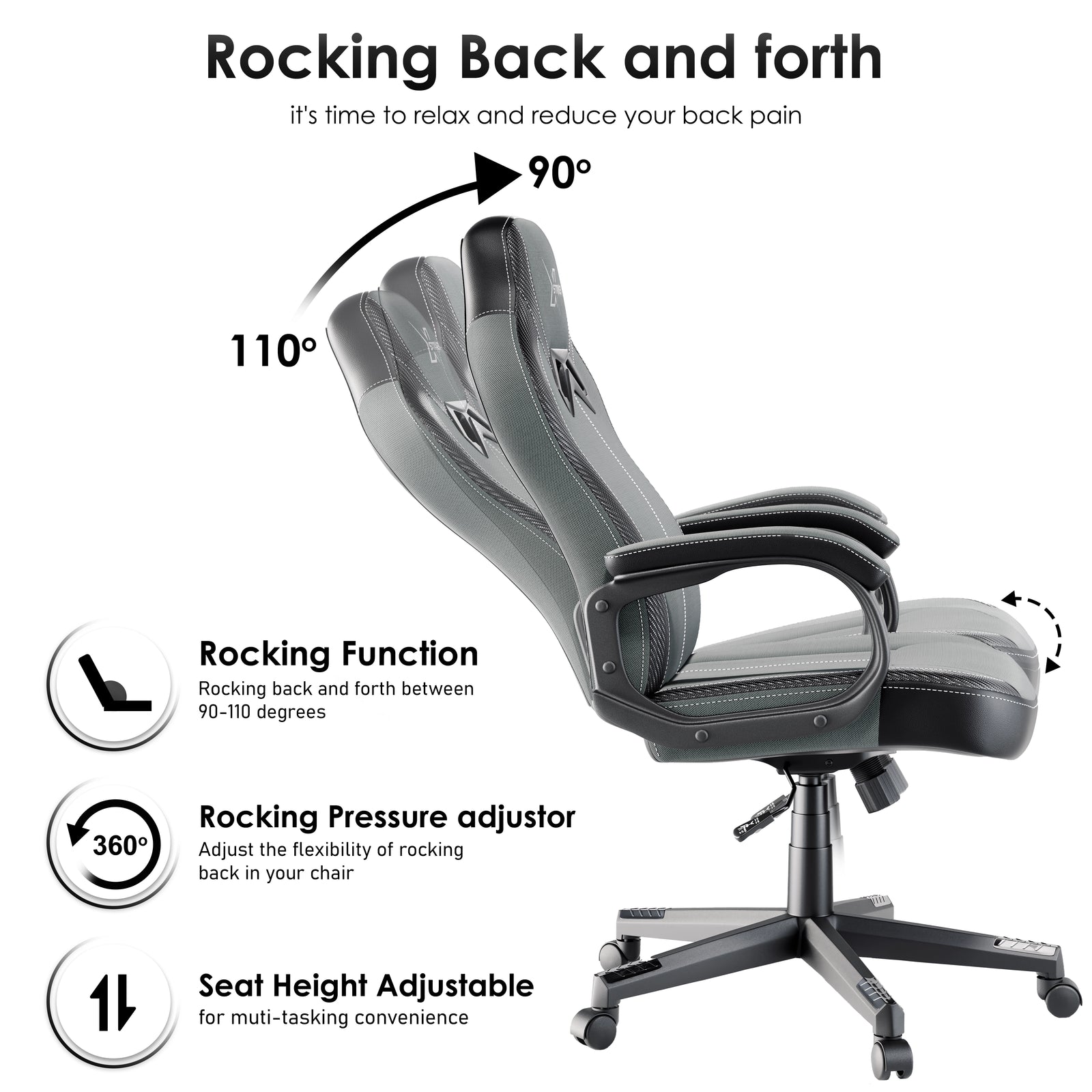 [Black + Grey] Xstriker ergonomic gaming chair with 90-110° rocking function, adjustable seat height, and breathable fabric for home office or study use.