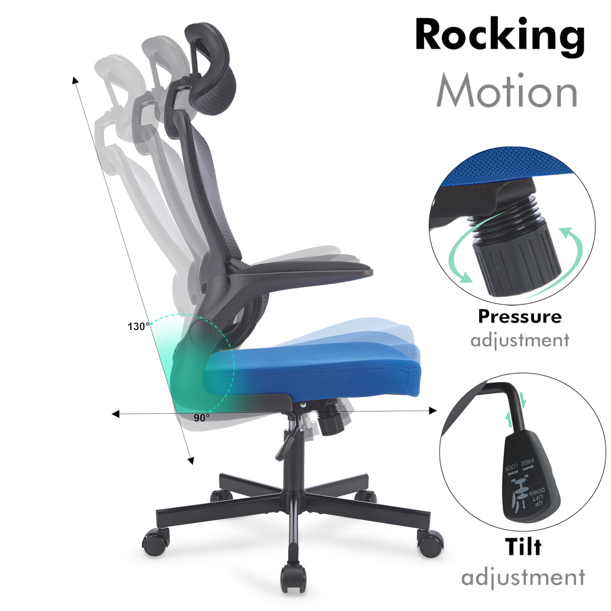 Rocking Motion Blue Black Office Chair – Ergonomic Design, Adjustable Comfort & Support