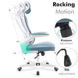 Rocking motion blue office chair with ergonomic design and adjustable features.